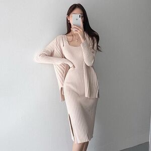 NEW Apricot Ribbed Side Slit Dress w/ Cardigan